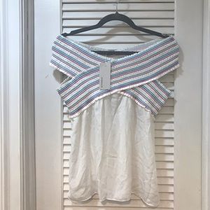 NEW! with tags - off shoulder white top with colorful details. Size M